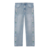 Suavo World vintage blue studded denim jeans with floral embellishments