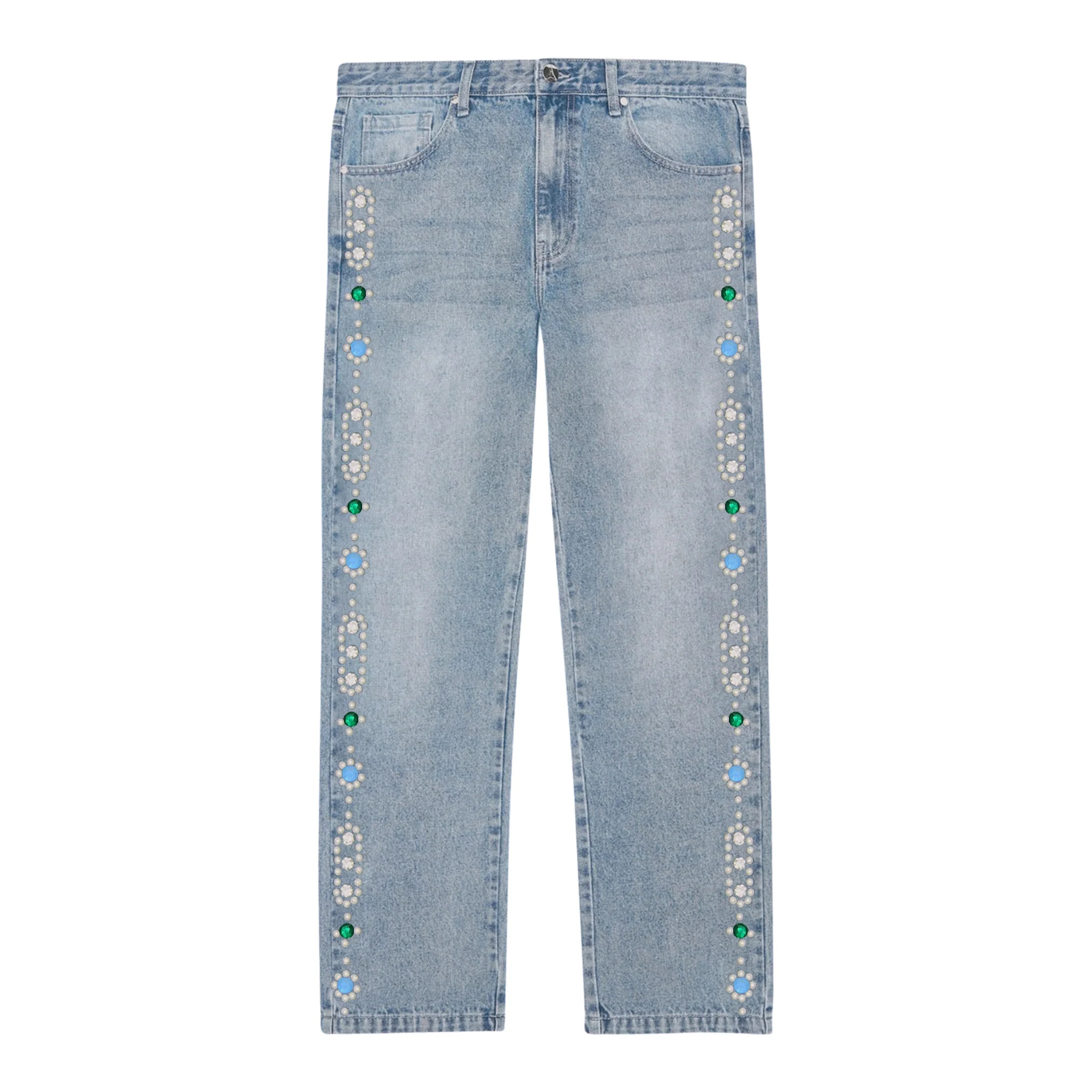 Suavo World vintage blue studded denim jeans with floral embellishments