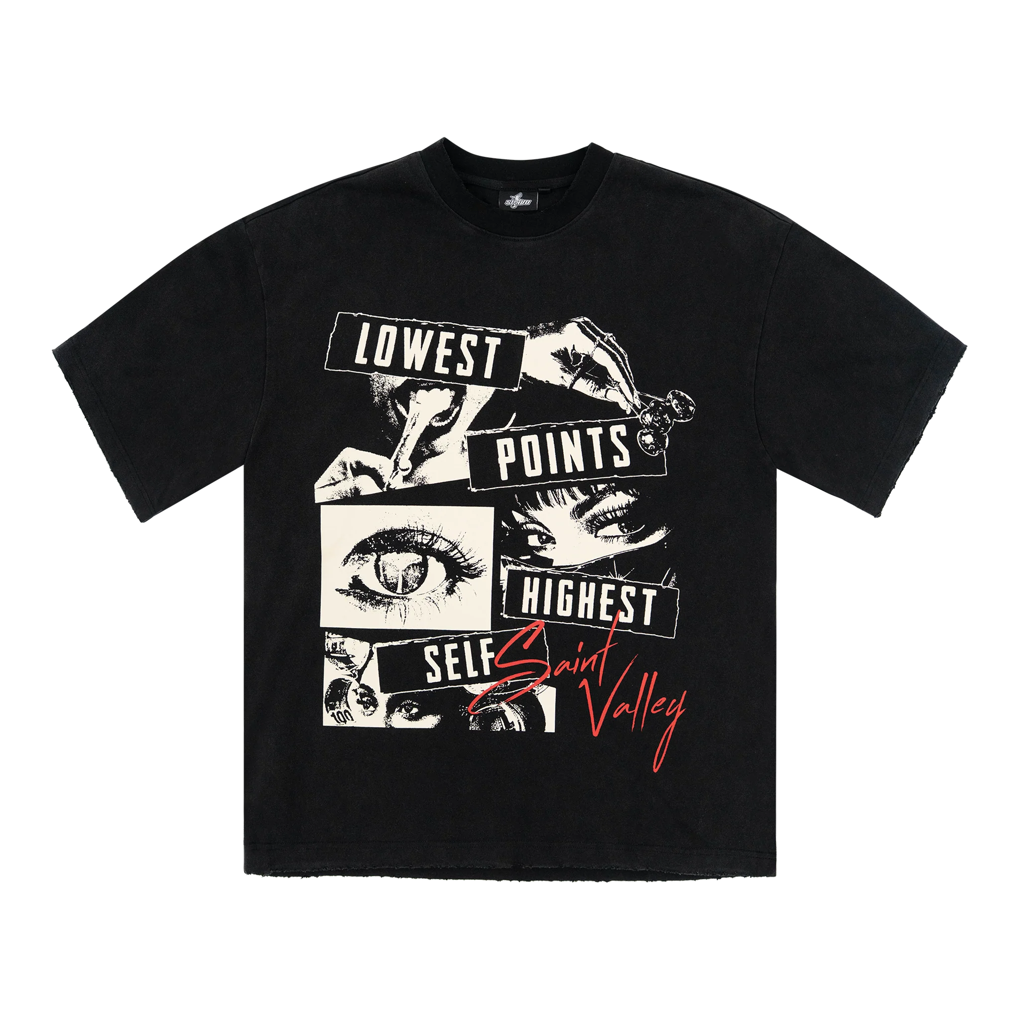 Suavo World washed black Lowest Point graphic T-shirt with eyes and text design