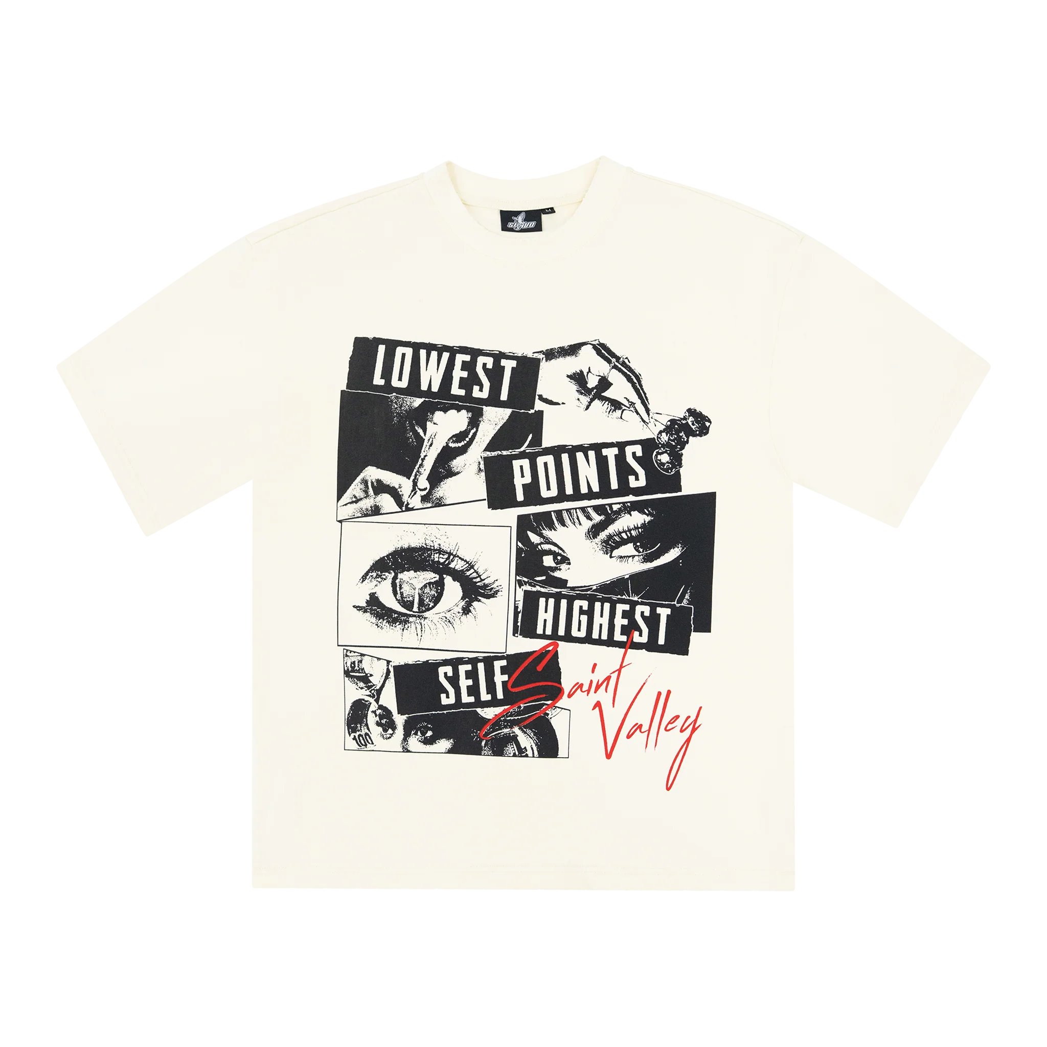 Suavo World cream t-shirt with black and red graphic print and text design