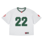 Broken Planet white and green football jersey with number 22 and red sleeve logos