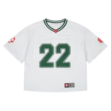 Broken Planet white and green football jersey with number 22 and red sleeve logos