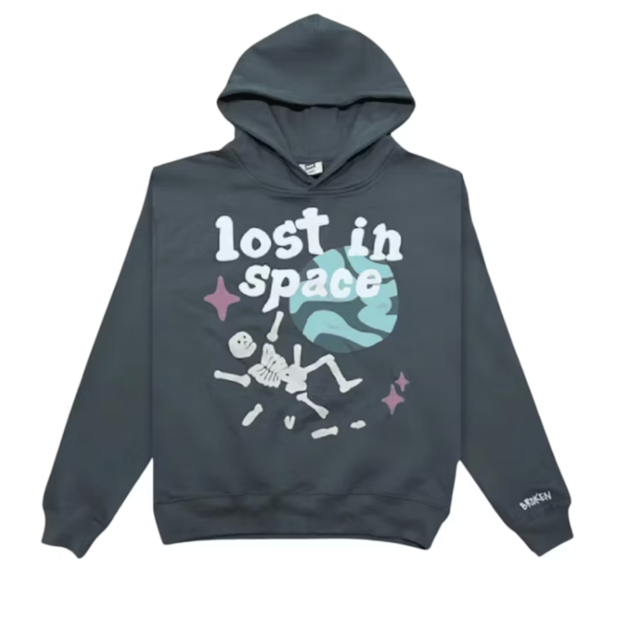 Broken Planet grey hoodie with lost in space skeleton design
