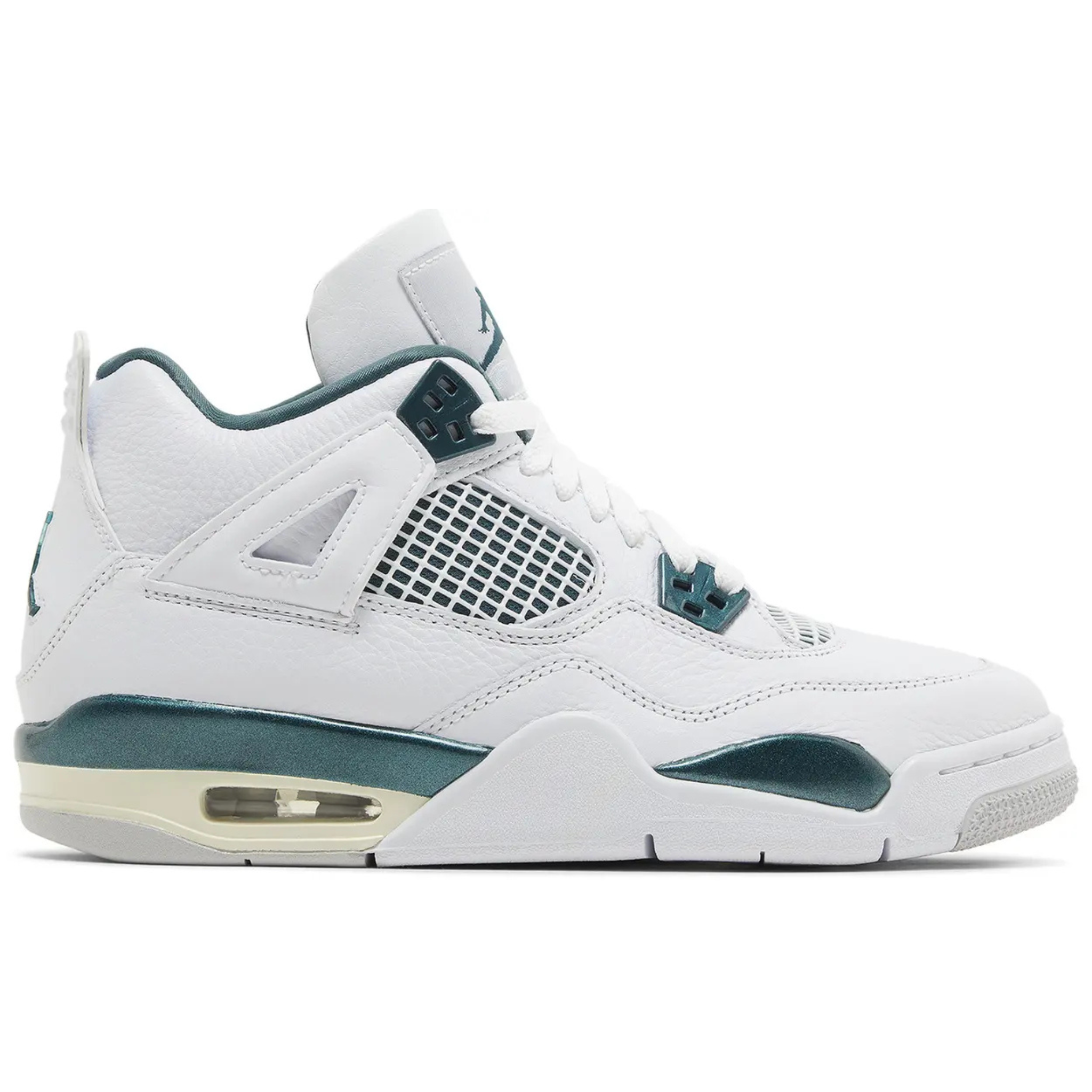 White and oxidized green Air Jordan 4 Retro PS sneaker side view