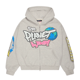 Broken Planet Heather Gray zip-up hoodie with "The Planet Is Yours" graphic and bright sleeve designs