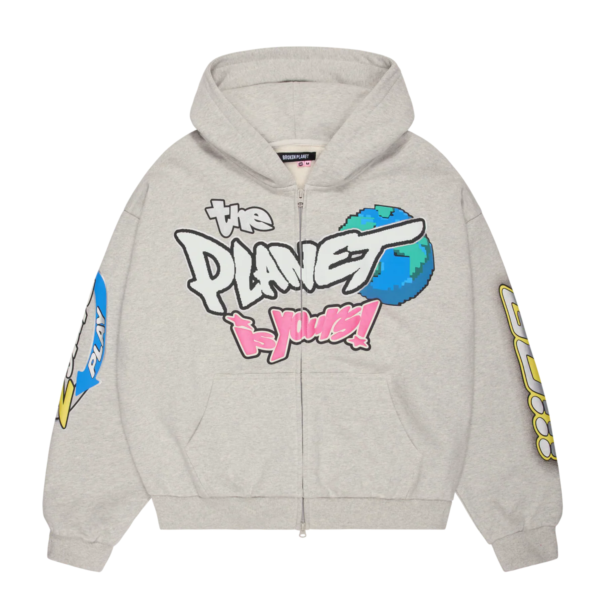 Broken Planet Heather Gray zip-up hoodie with "The Planet Is Yours" graphic and bright sleeve designs