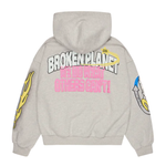 Heather gray Broken Planet The Planet Is Yours zip up hoodie with graphic text and designs on back and sleeves