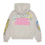 Heather gray Broken Planet The Planet Is Yours zip up hoodie with graphic text and designs on back and sleeves