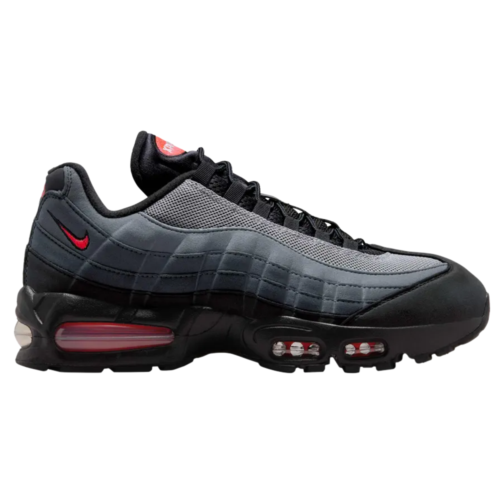 Nike Air Max 95 OG Bright Crimson sneaker side view in black and gray with red accents