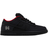 Supreme x Nike Dunk Low SB Black sneaker side view with red lining and embroidered 94 detail