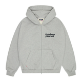 Broken Planet Star logo on heather grey zip up hoodie