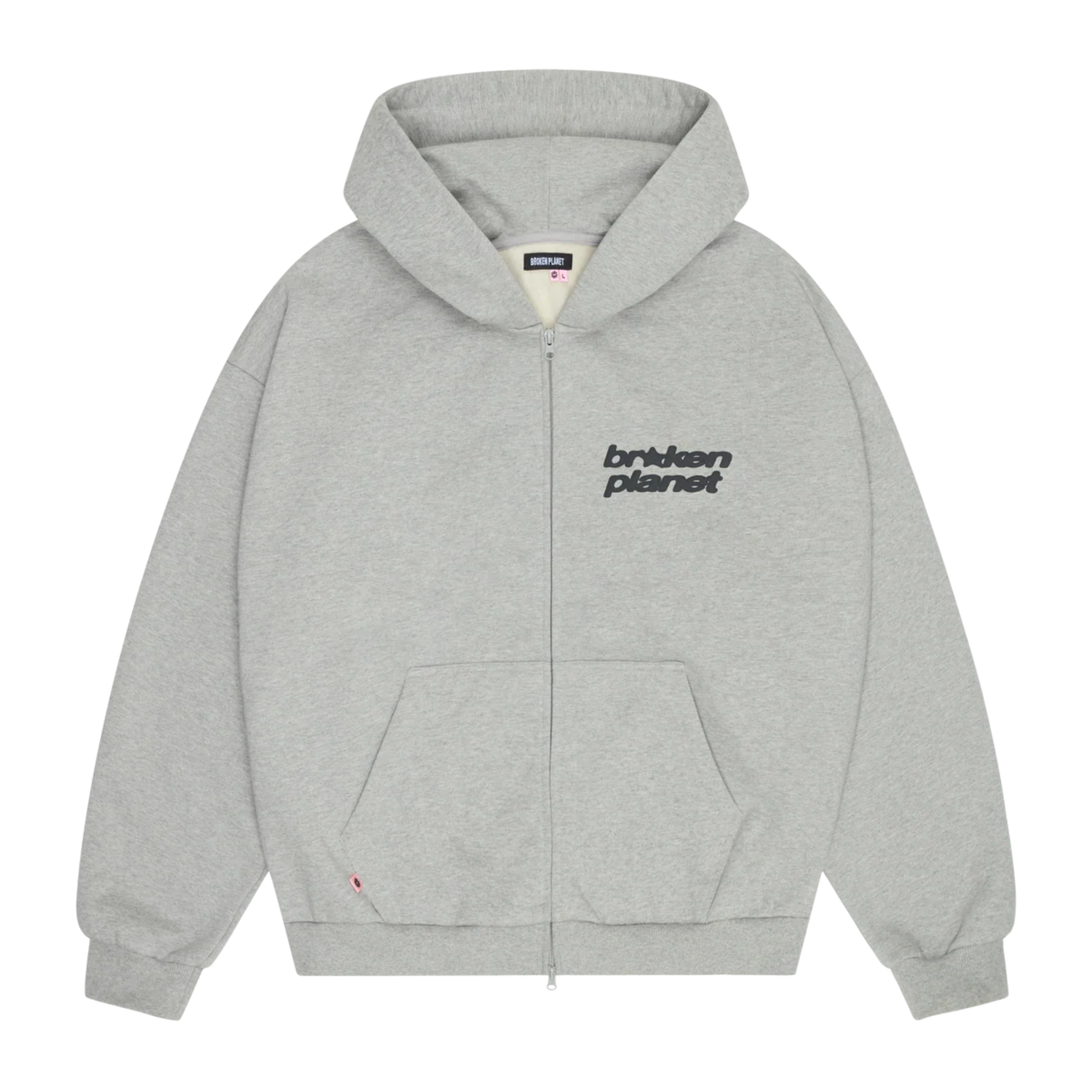 Broken Planet Star logo on heather grey zip up hoodie