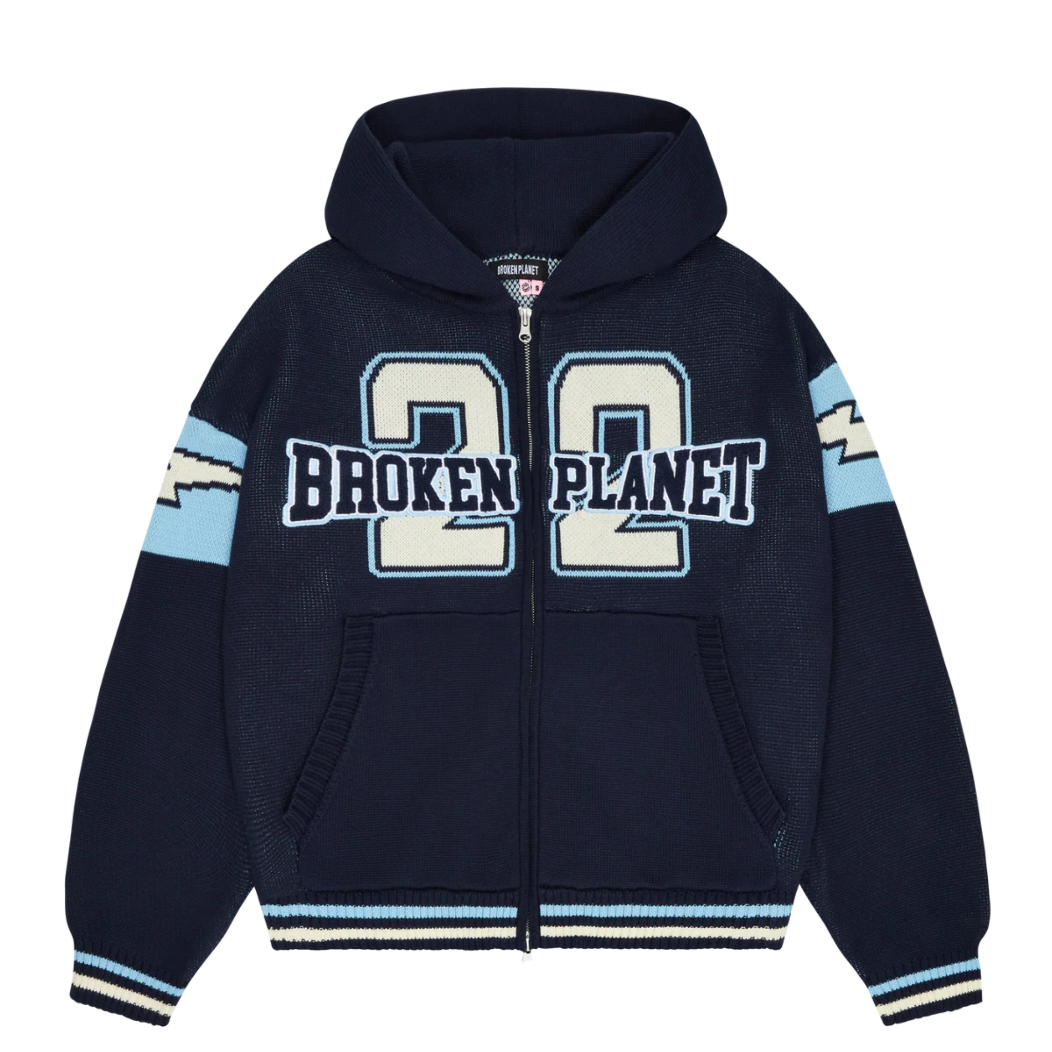 Broken Planet varsity knit zip-up hoodie in navy blue