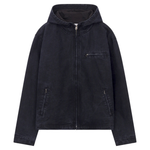 Siarr Denim Hooded Jacket in dark navy with full zip, side pockets, chest pocket, and high neck, 100% cotton