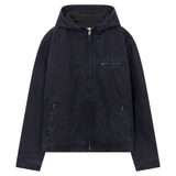 Siarr Denim Hooded Jacket in dark navy with full zip, side pockets, chest pocket, and high neck, 100% cotton