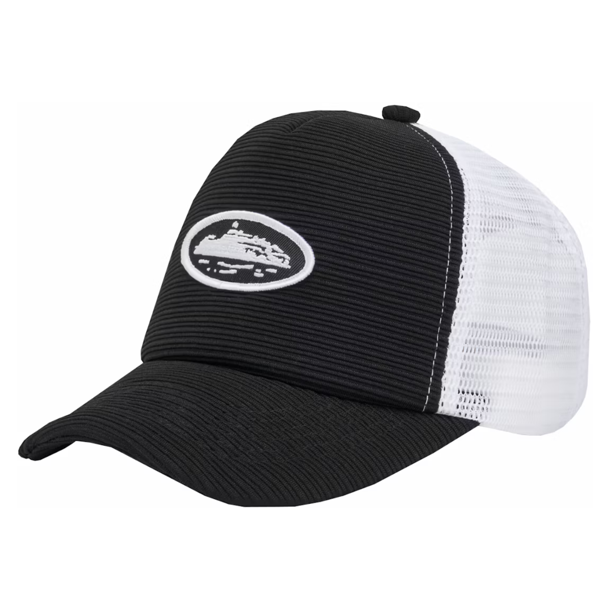Corteiz Short Peak Trucker Black hat front view on white background