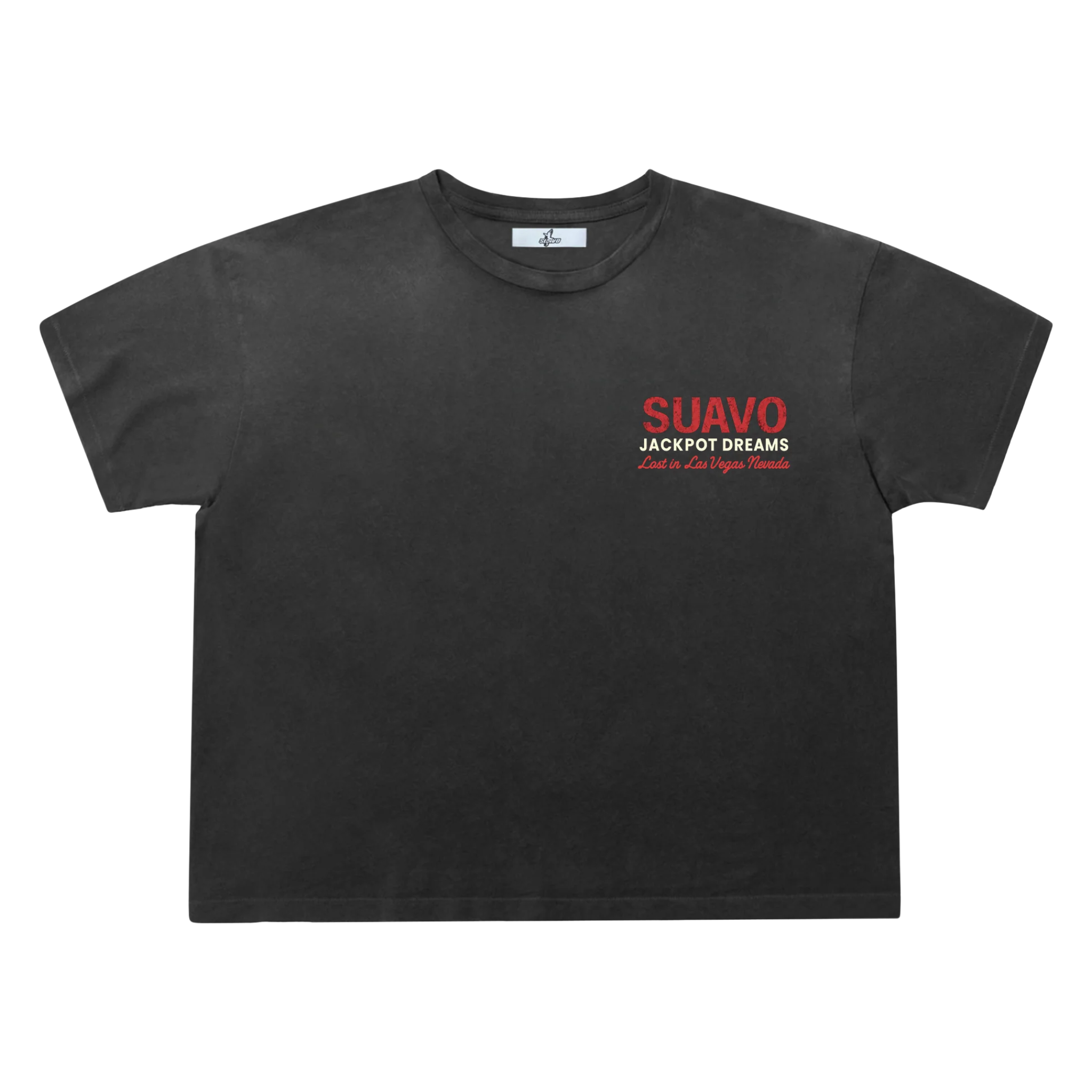 Suavo World Feeling Lucky? T-Shirt with vintage wash and hand distressing on model 5'9 wearing medium