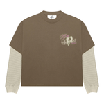 Strip Society T-Shirt featuring layered brown short sleeves and textured long sleeves with vibrant pink city skyline graphic and "Memories Are Made Faster" text on back