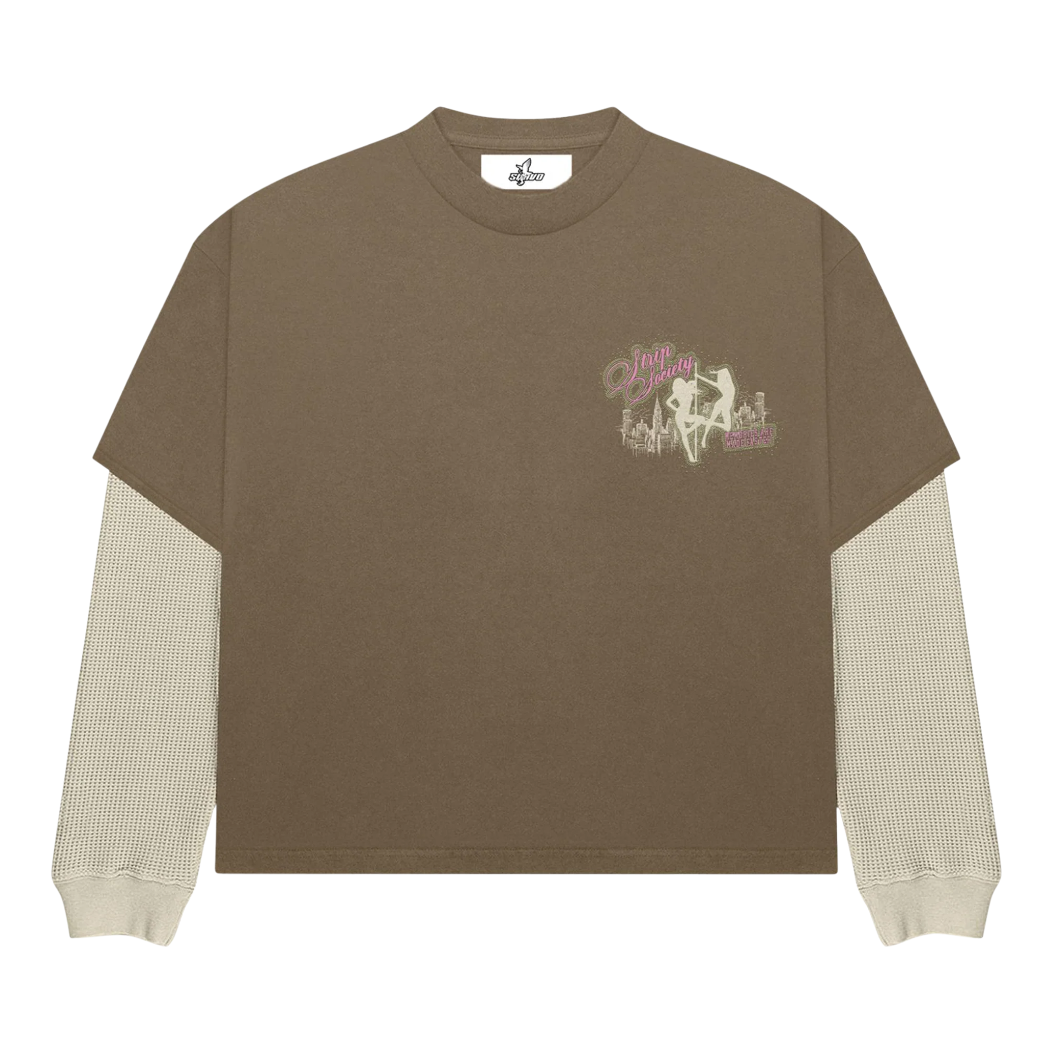 Strip Society T-Shirt featuring layered brown short sleeves and textured long sleeves with vibrant pink city skyline graphic and "Memories Are Made Faster" text on back