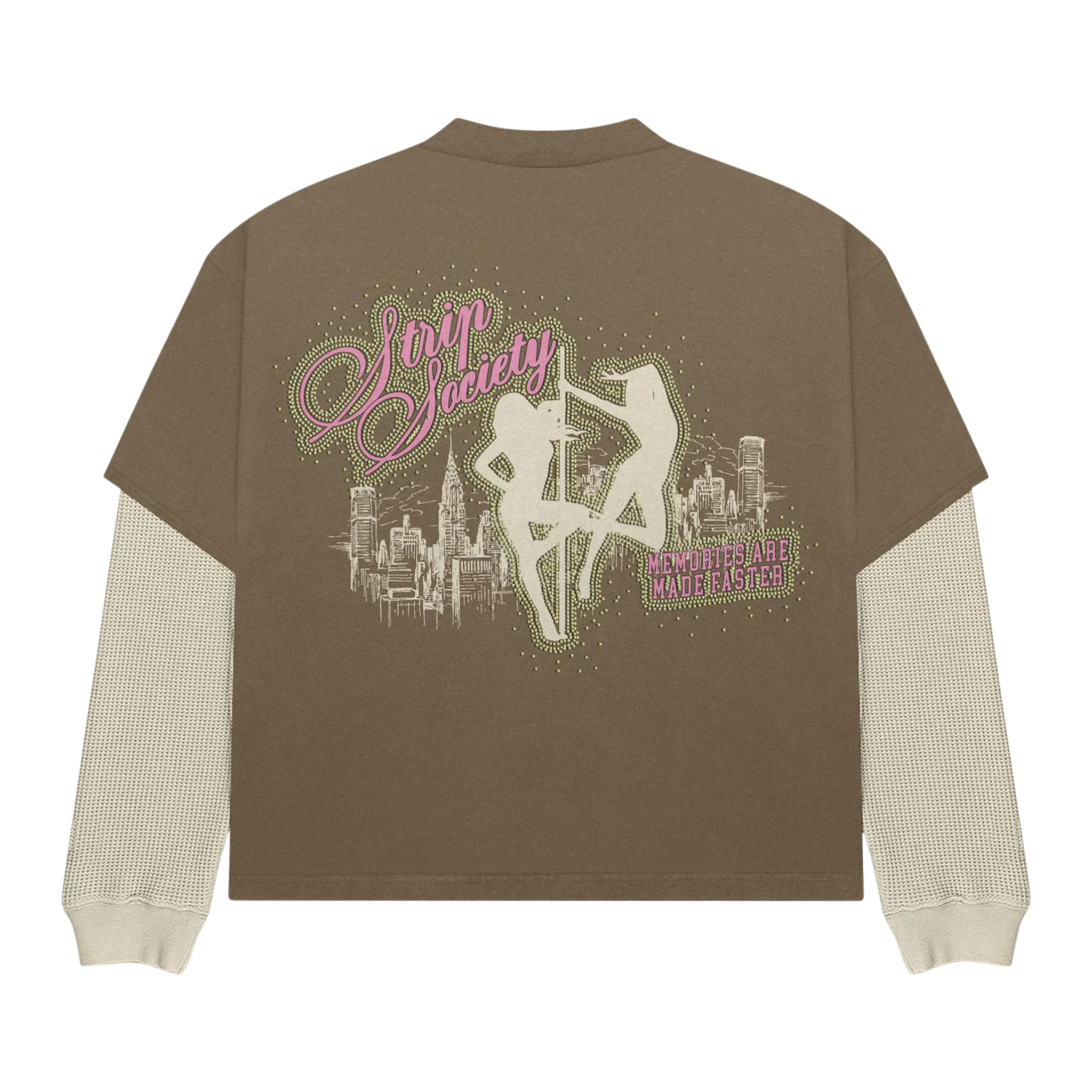Strip Society T-Shirt with layered brown short sleeve, built-in textured long sleeves, pink graphic skyline and "Memories Are Made Faster" text