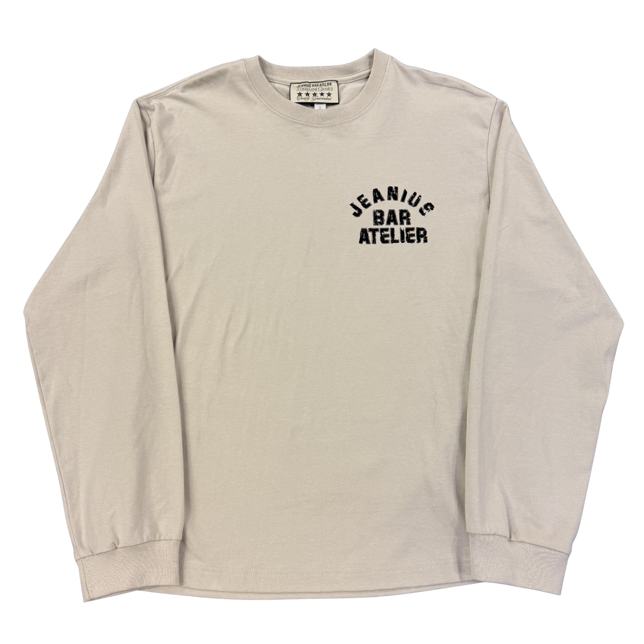 Jeanius Bar Atelier Varsity long sleeve cream and black t-shirt with relaxed boxy fit and vintage wash