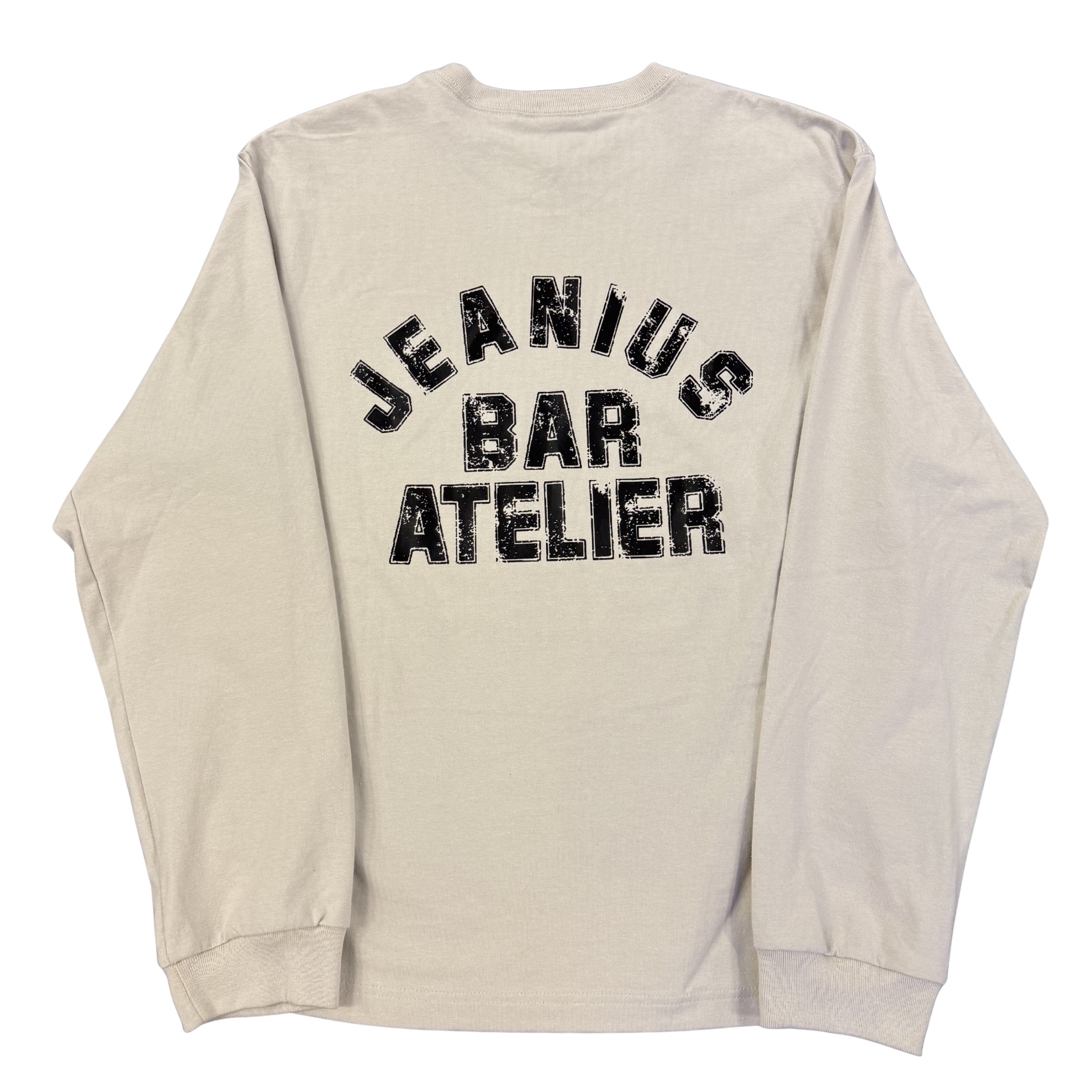 Jeanius Bar Atelier Varsity long sleeve cream and black t-shirt with relaxed boxy fit and ribbed collar