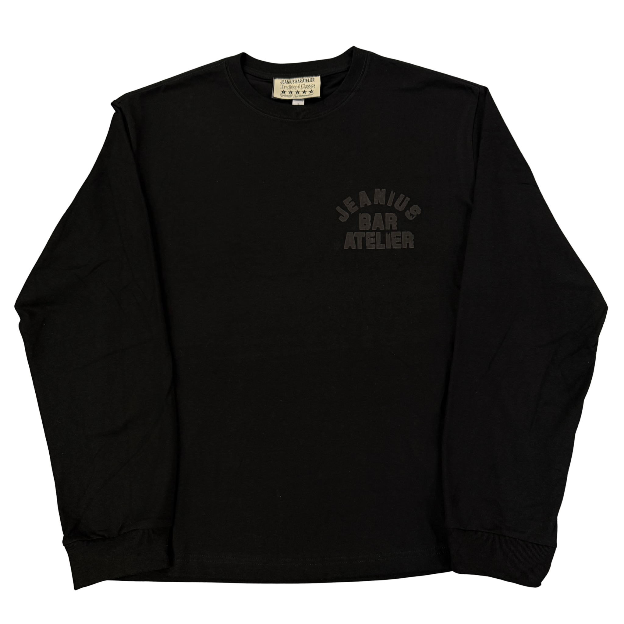 Jeanius Bar Atelier Varsity long sleeve black t-shirt with vintage wash and relaxed boxy fit
