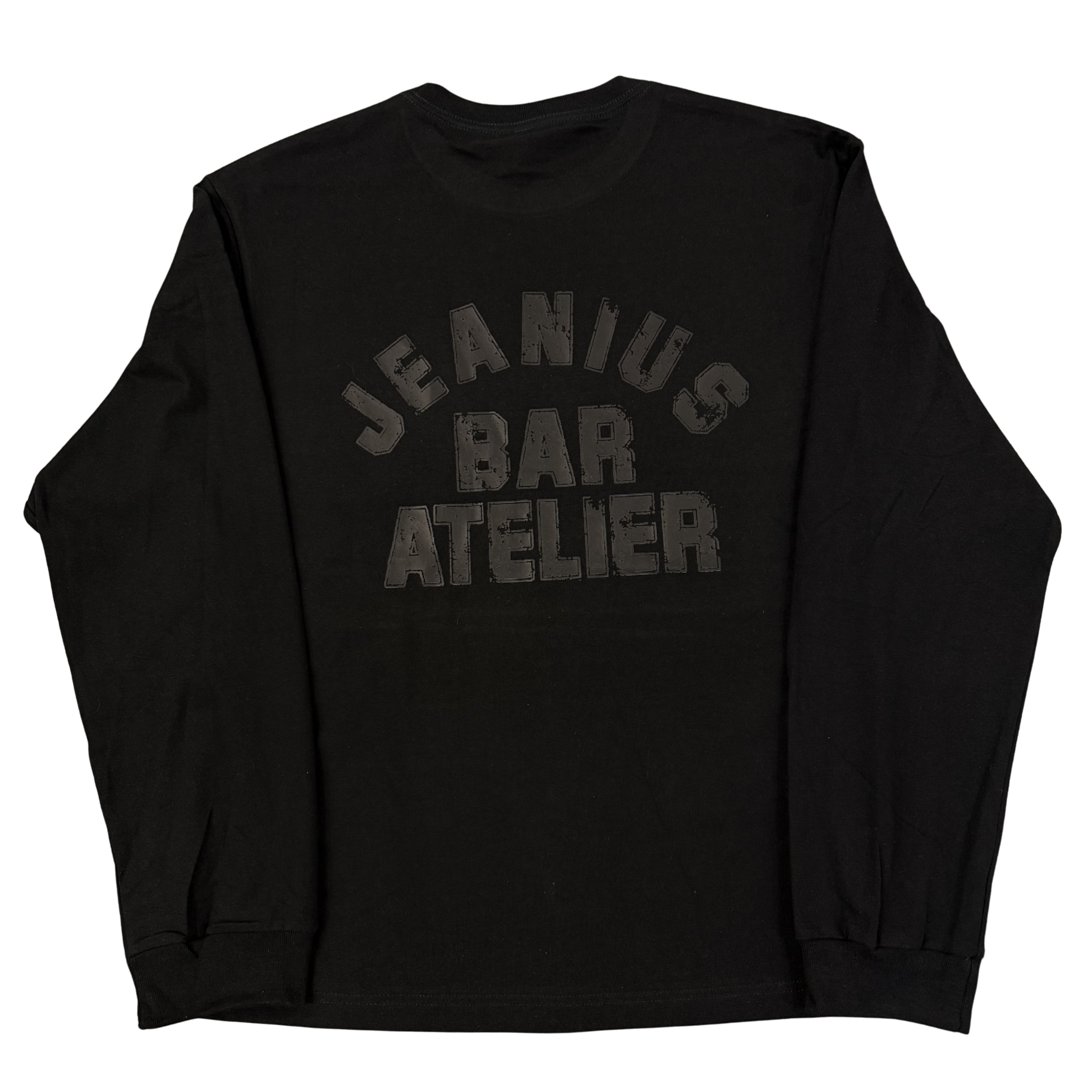 Jeanius Bar Atelier Varsity long sleeve black t-shirt with vintage wash and relaxed boxy fit made in London