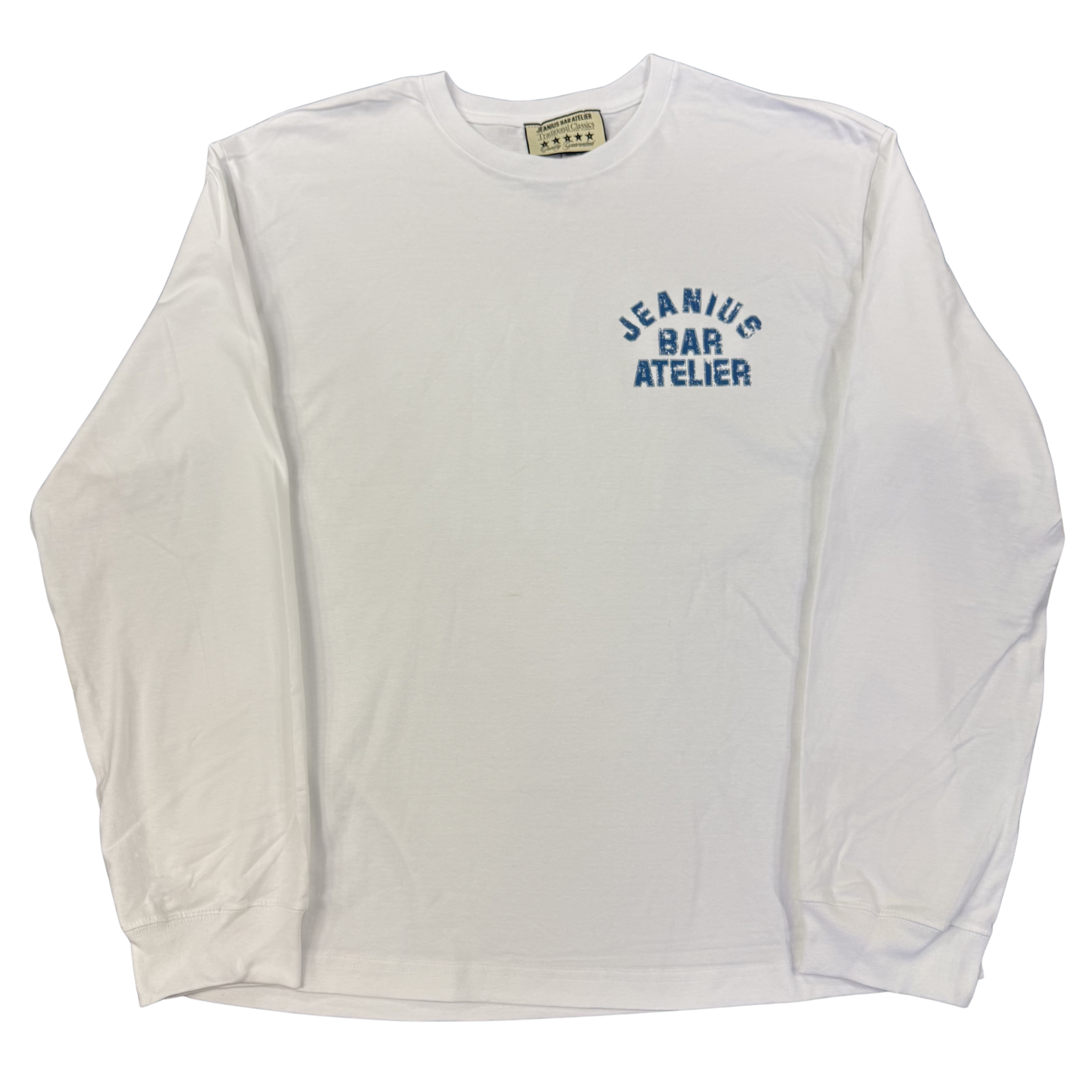 Jeanius Bar Atelier varsity long sleeve white and blue heavyweight french terry t-shirt with relaxed boxy fit and ribbed collar