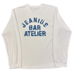Jeanius Bar Atelier Varsity long sleeve white and blue t-shirt with relaxed boxy fit and vintage wash made in London