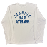 Jeanius Bar Atelier Varsity long sleeve white and blue t-shirt with relaxed boxy fit and vintage wash made in London