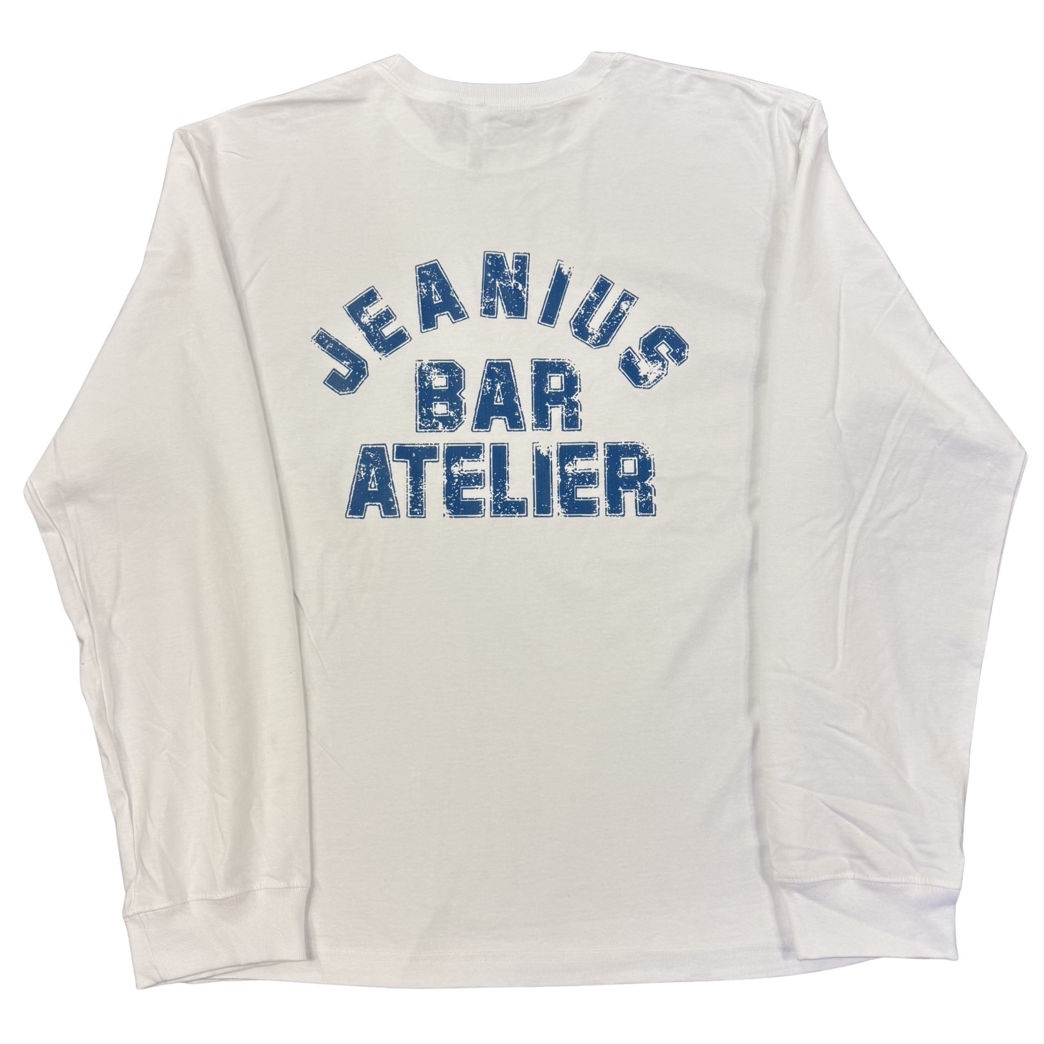Jeanius Bar Atelier Varsity long sleeve white and blue t-shirt with relaxed boxy fit and vintage wash made in London