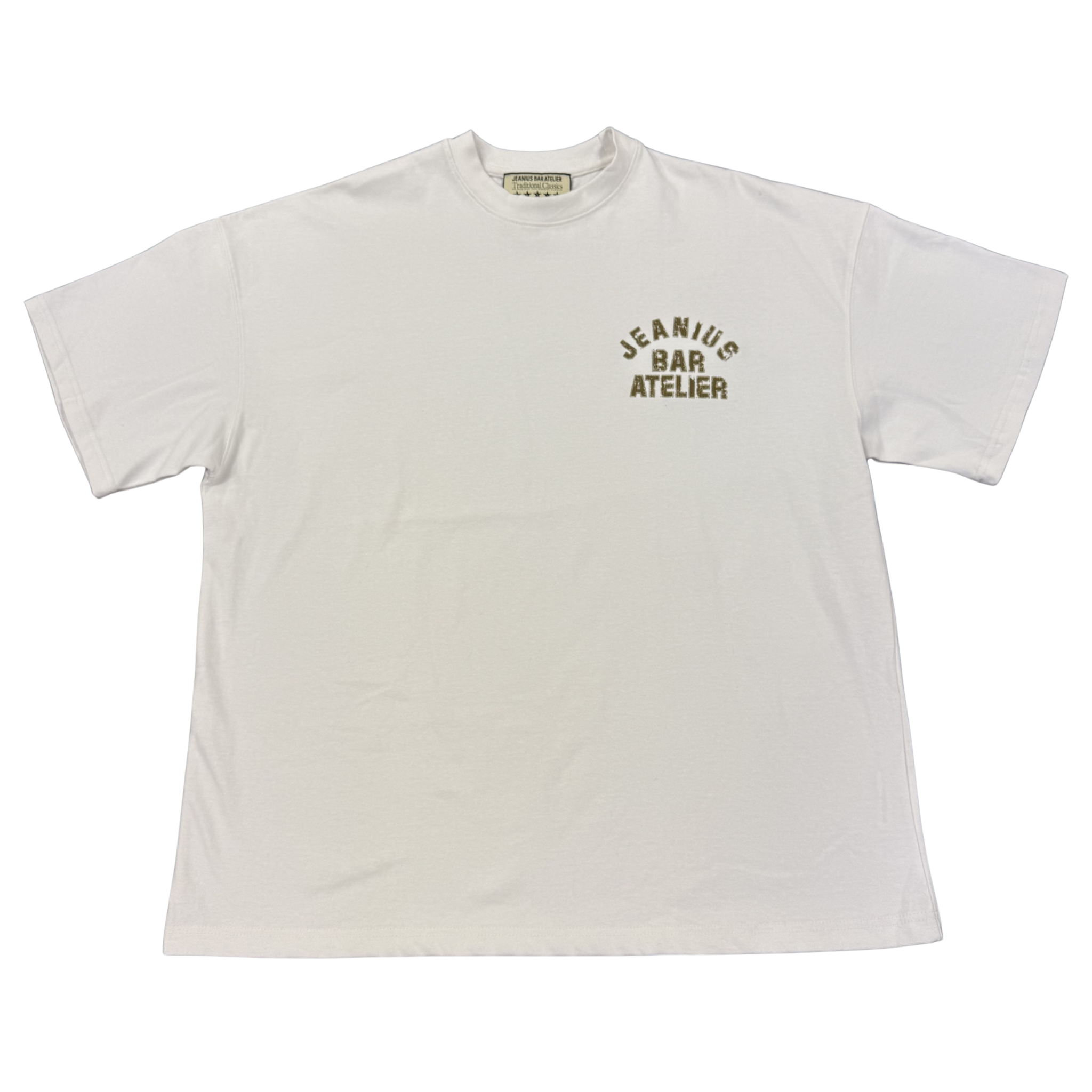 Jeanius Bar Atelier varsity t-shirt in white and olive with relaxed boxy fit and vintage wash