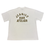 Jeanius Bar Atelier varsity t-shirt in white and olive with relaxed boxy fit and vintage wash