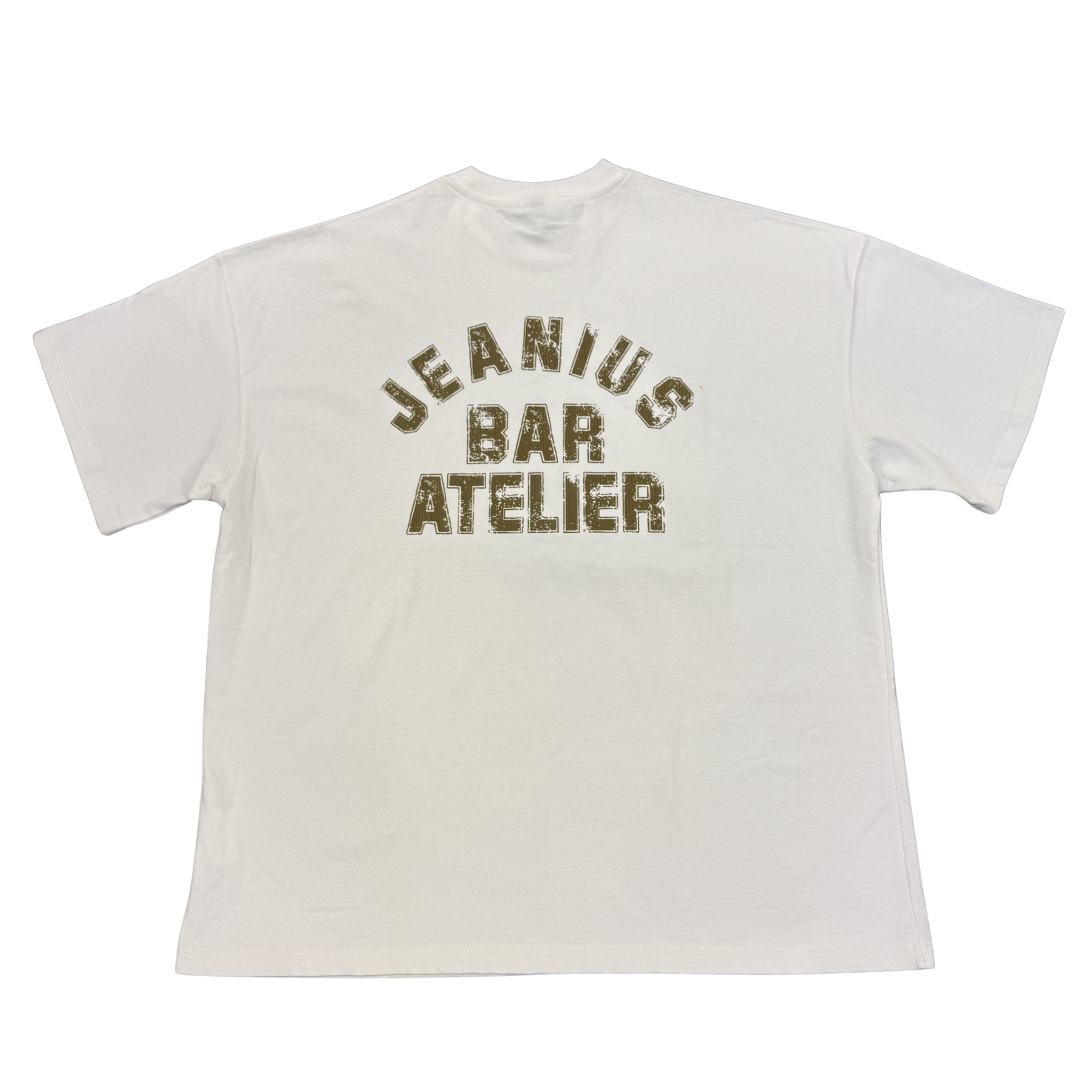 Jeanius Bar Atelier varsity t-shirt in white and olive with relaxed boxy fit and vintage wash