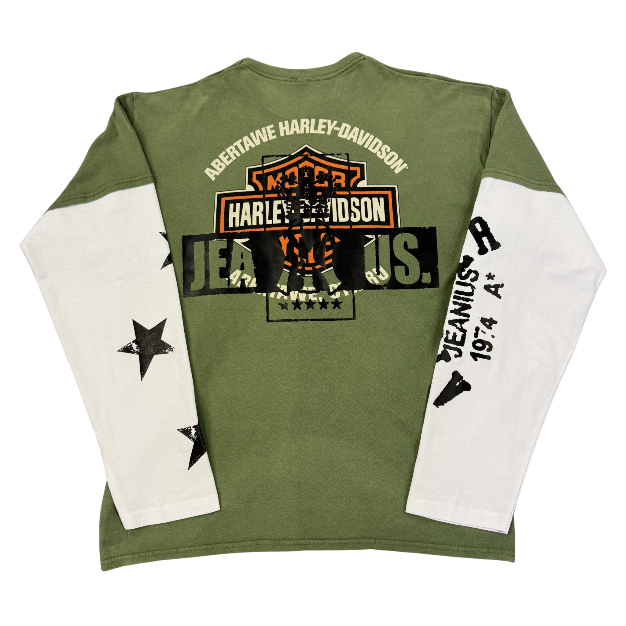Jeanius Bar Atelier one of one Harley Davidson long sleeve khaki T-shirt collage design