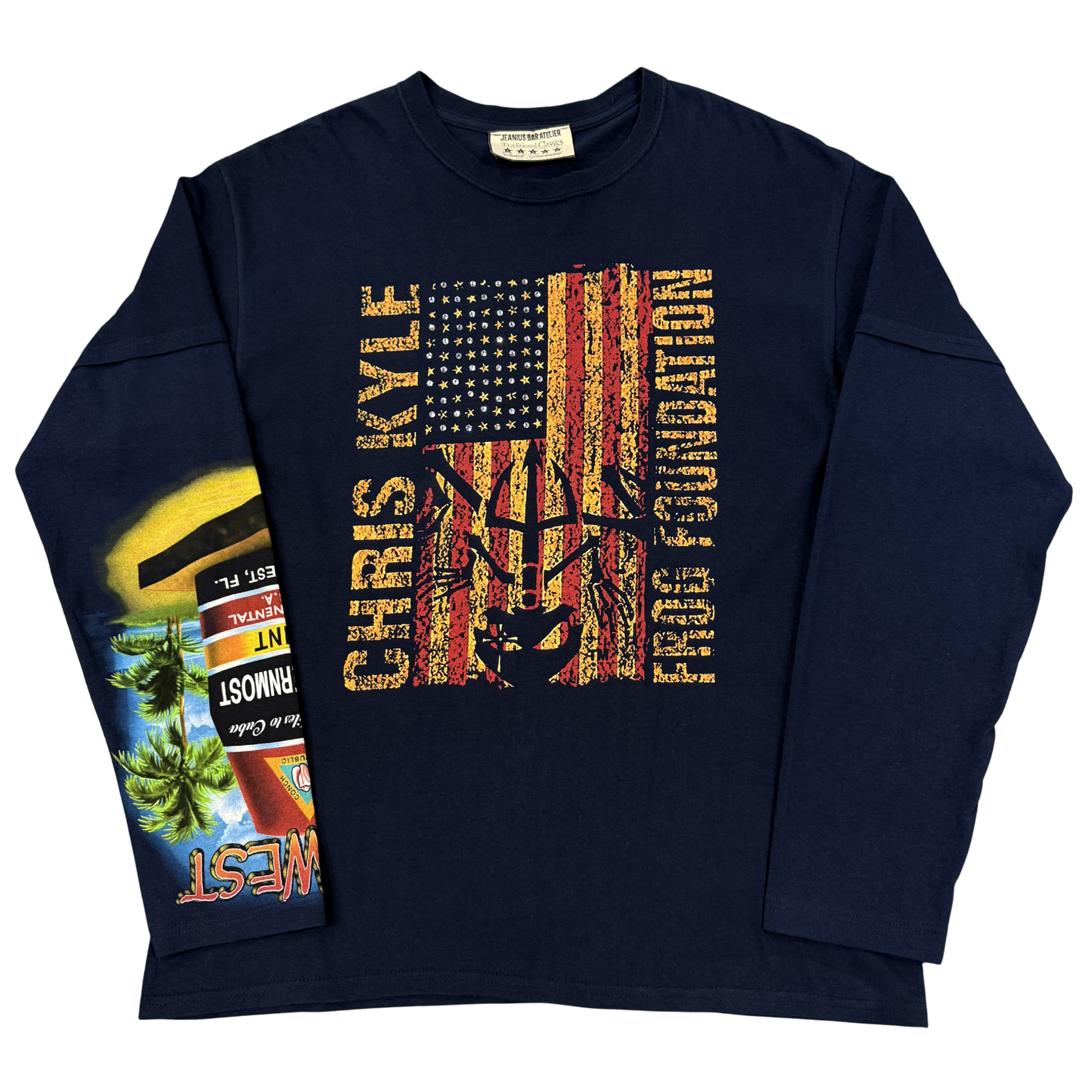 Jeanius Bar Atelier one of one Chris Kyle rhinestone navy long sleeve collector's T-shirt collage design