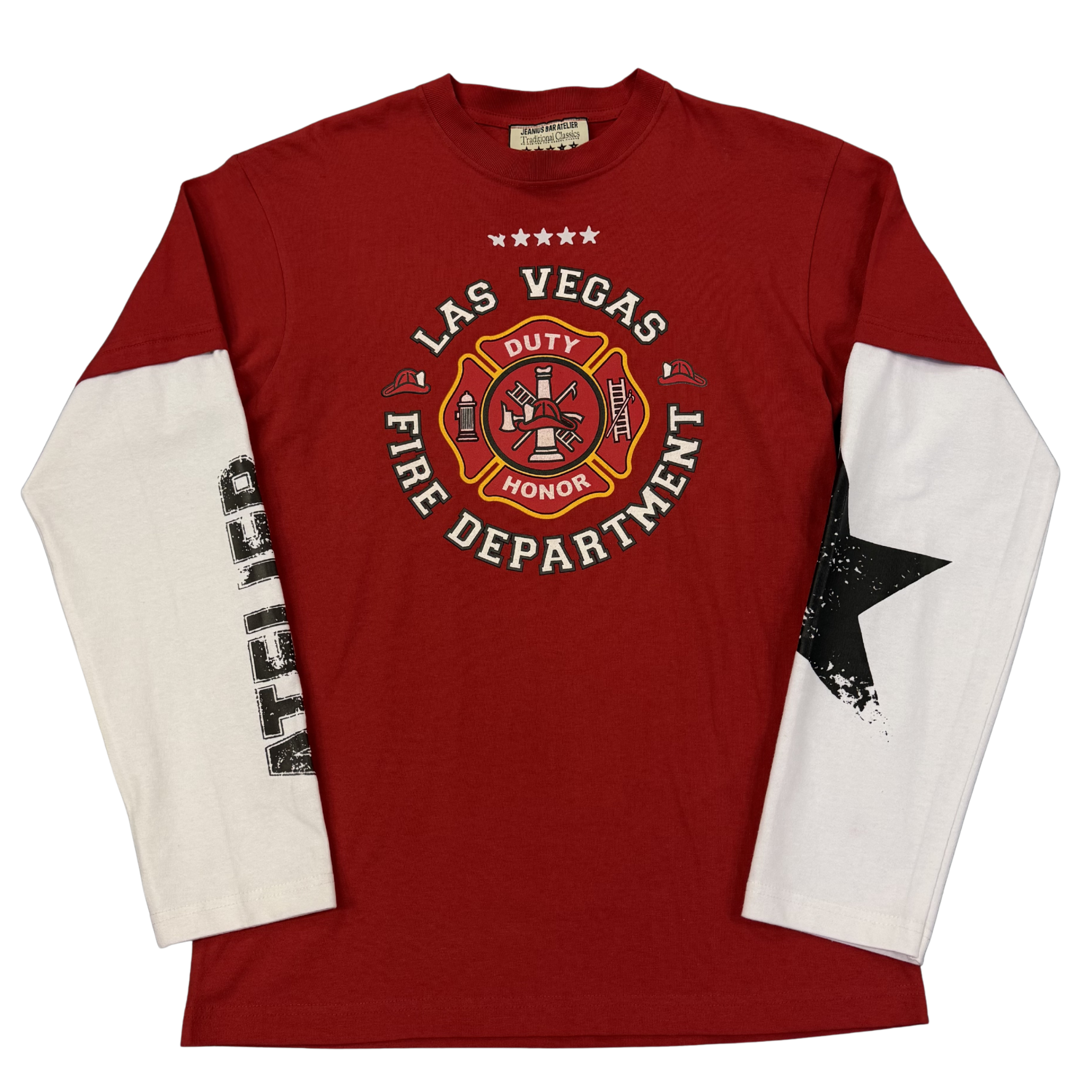 Jeanius Bar Atelier one of one LVFD long sleeve red unique collage T-shirt