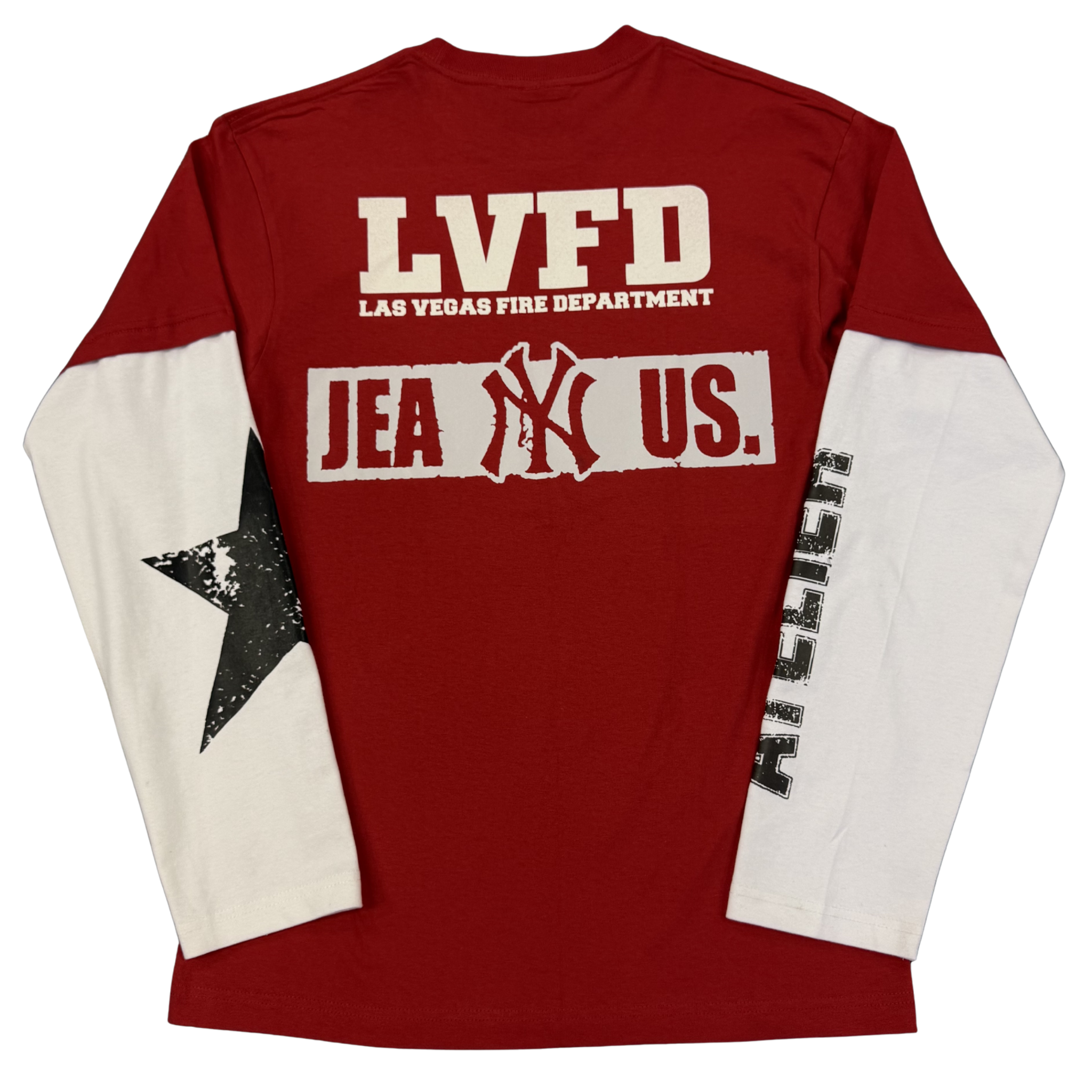 Jeanius Bar Atelier one of one LVFD red long sleeve T-shirt collage design