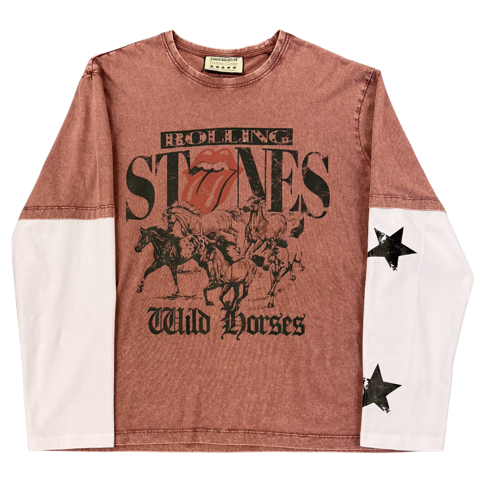 Jeanius Bar Atelier one of one Rolling Stones rhinestone dusty rose long sleeve vintage collage T-shirt