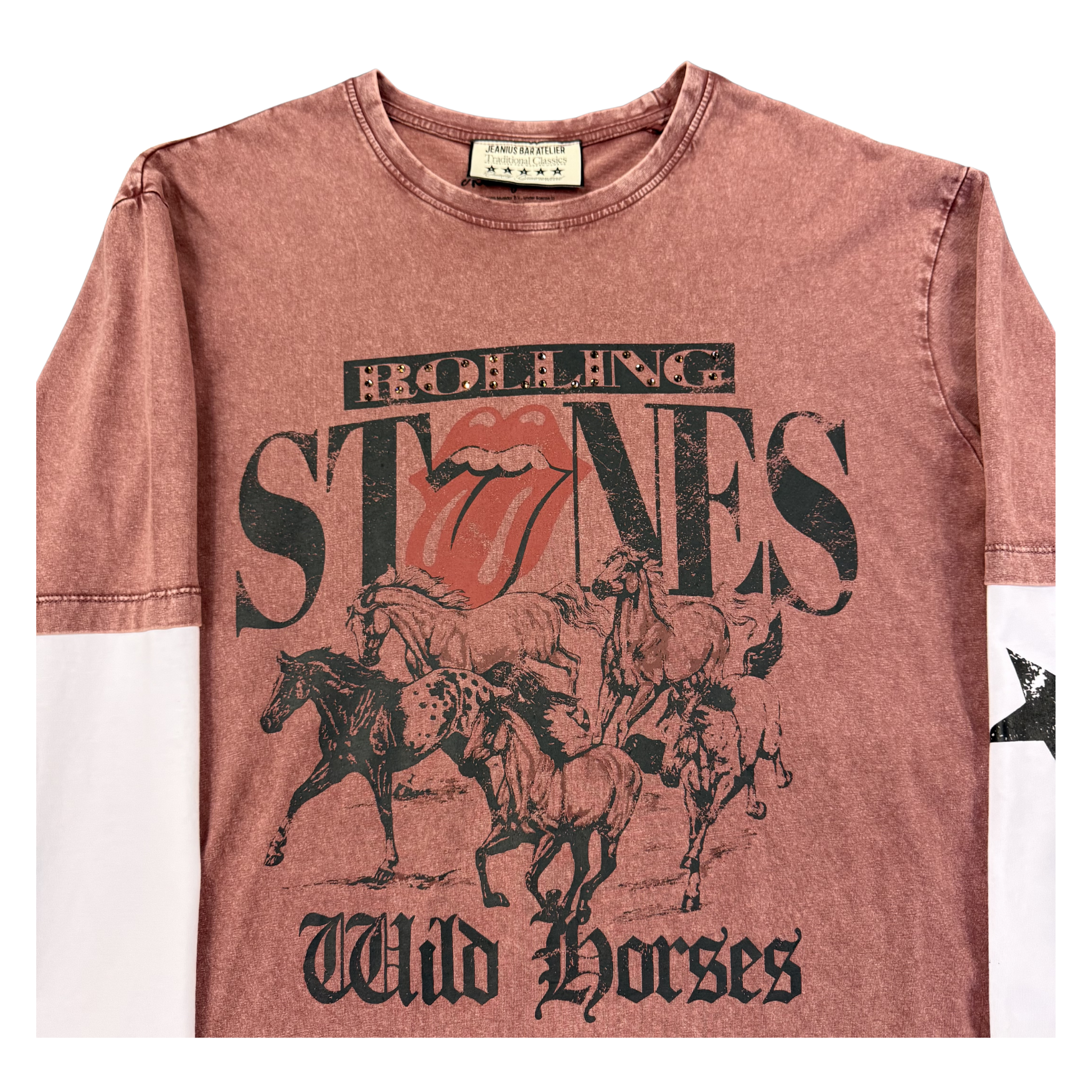 Jeanius Bar Atelier one of one Rolling Stones rhinestone dusty rose long sleeve shirt collage design