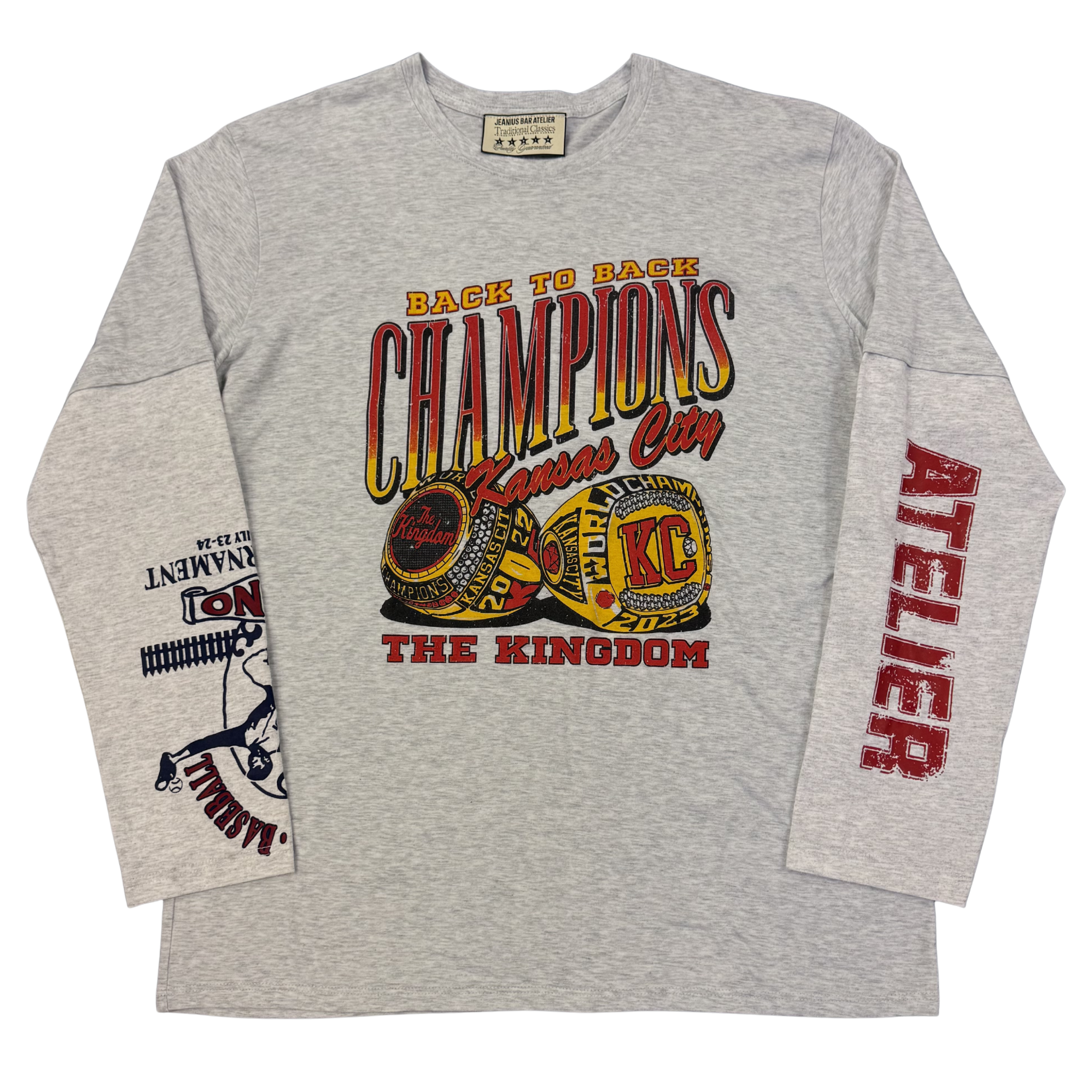 Jeanius Bar Atelier one of one grey long sleeve T-shirt from Kansas City with unique vintage collage design