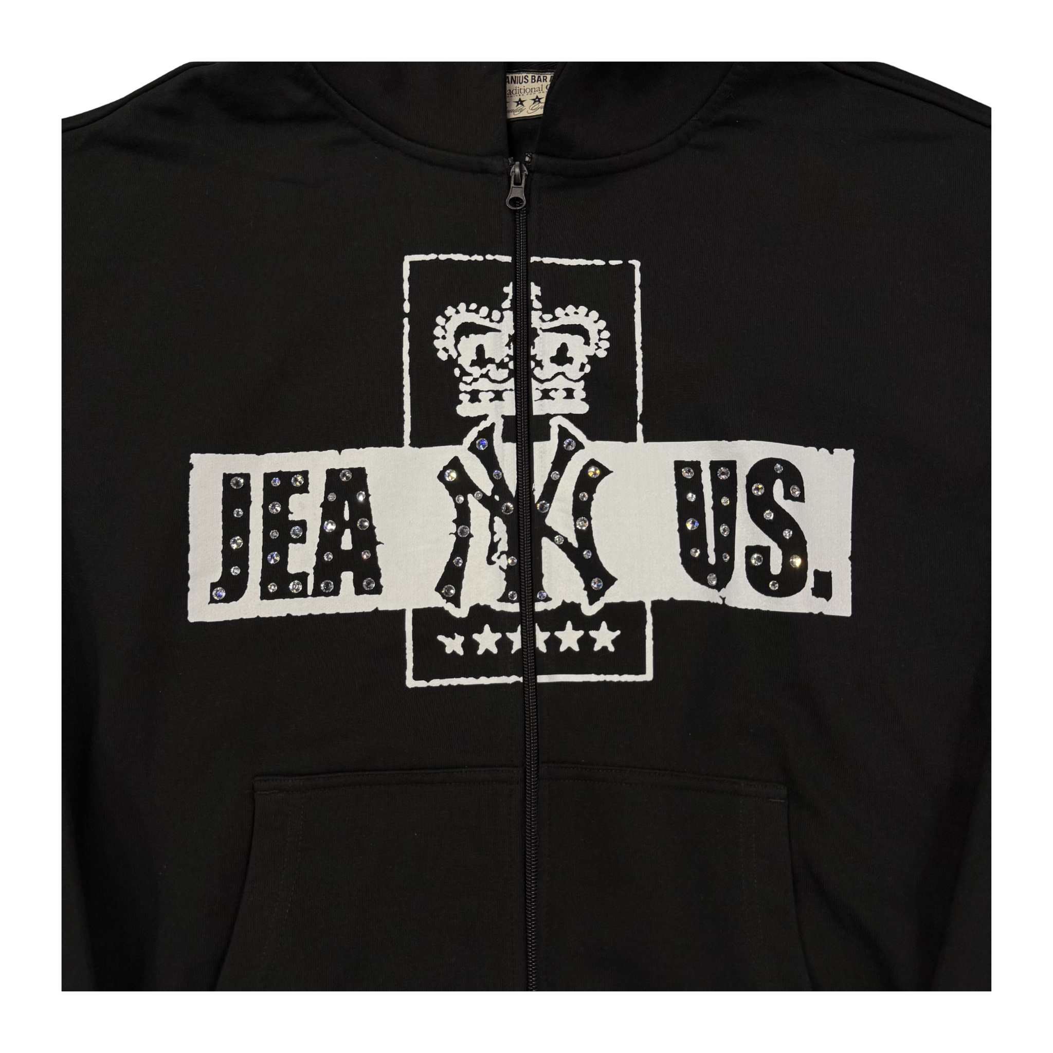 Jeanius Bar Atelier one of one black rhinestone hoodie collage design collectible