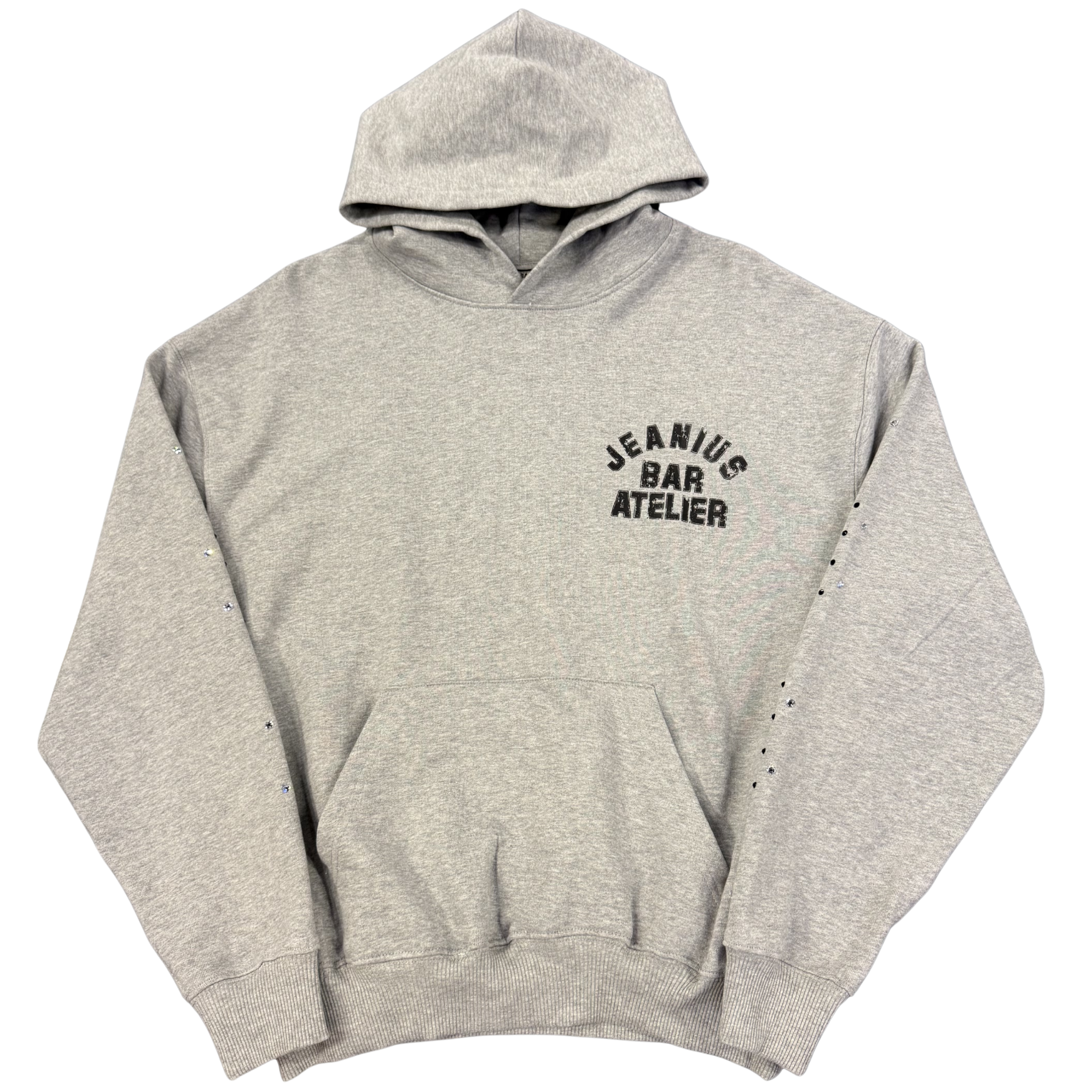 Jeanius Bar Atelier one-of-one grey rhinestone hoodie unique vintage collage design