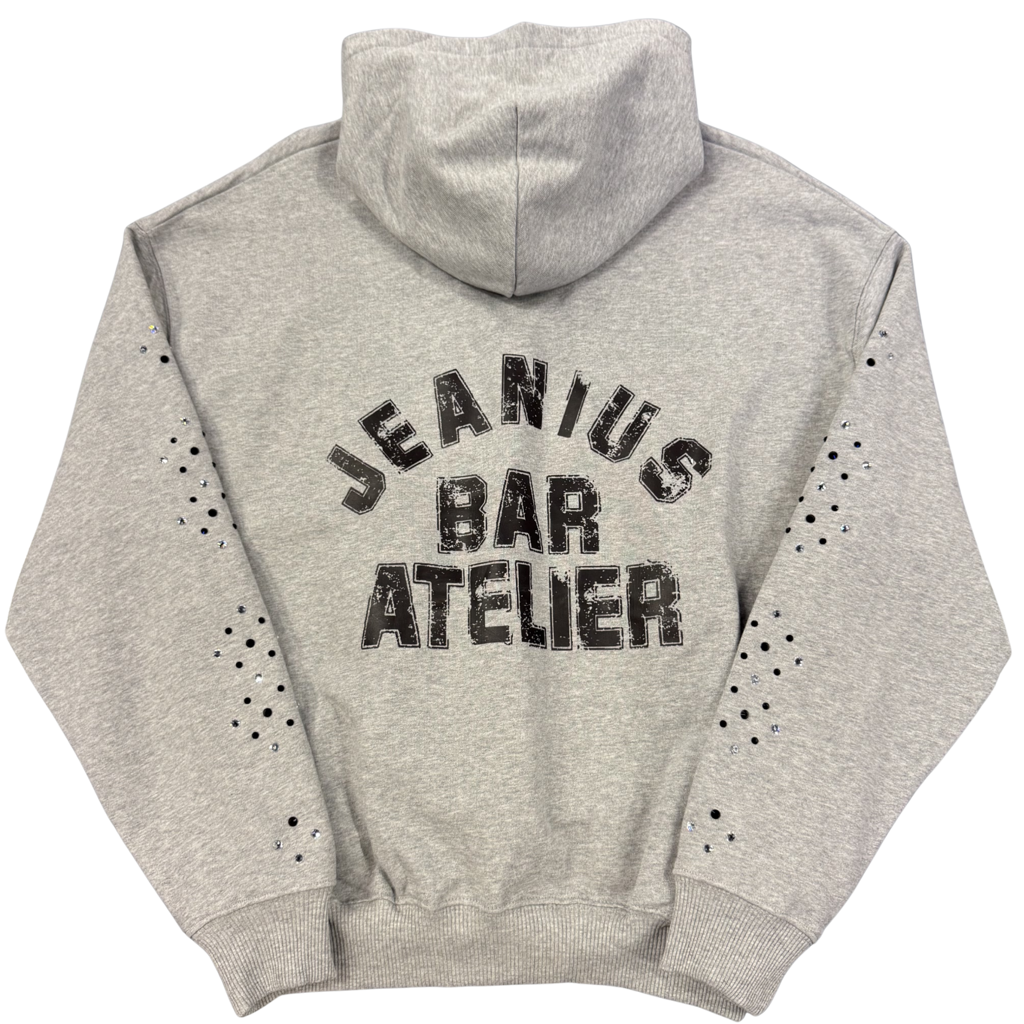 Jeanius Bar Atelier one of one grey rhinestone hoodie from unique vintage collage collection