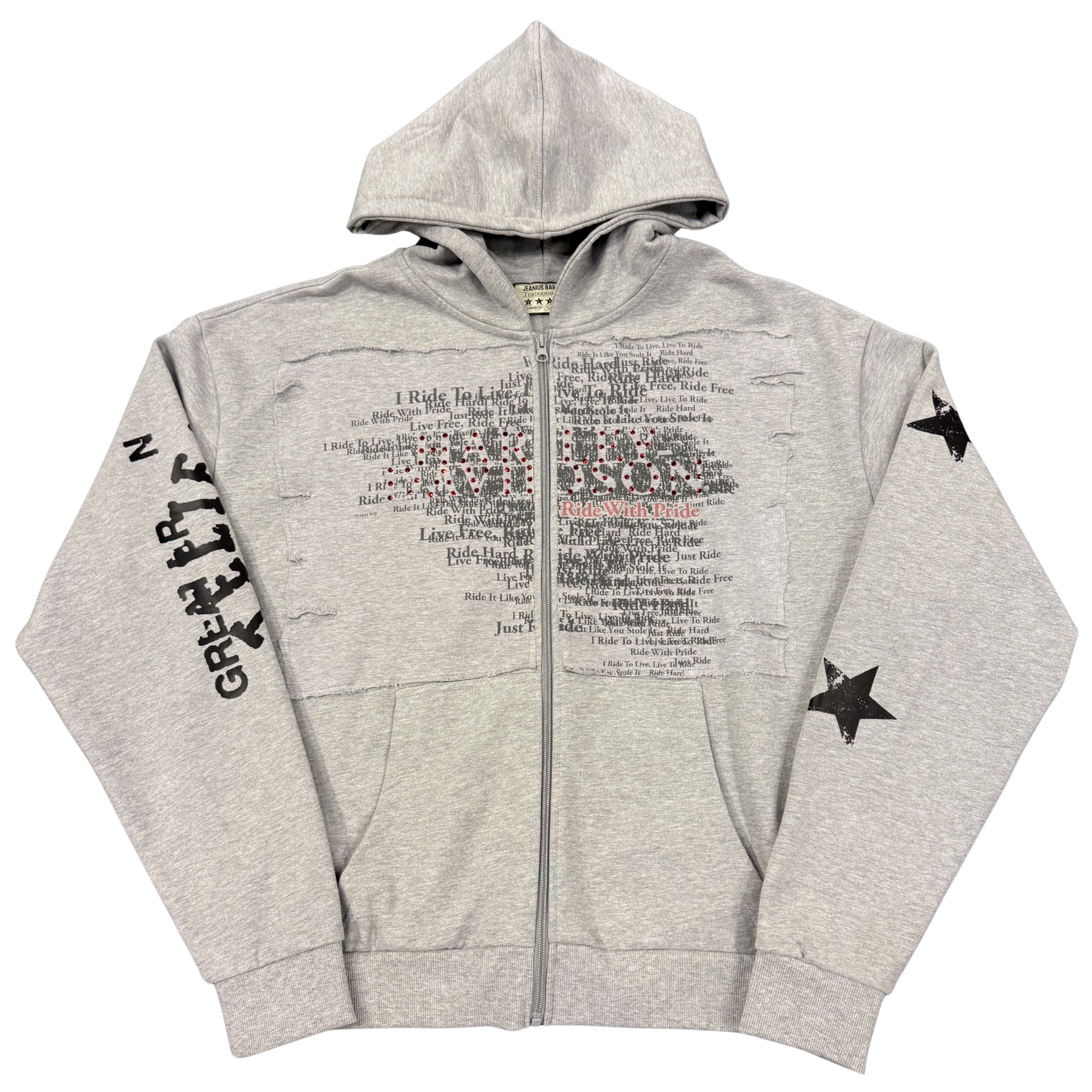 Jeanius Bar Atelier one-of-one Harley Davidson rhinestone grey hoodie unique collage design