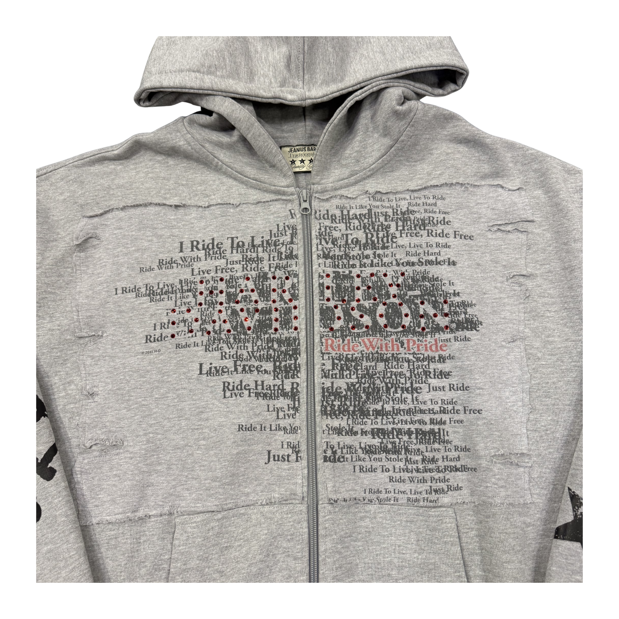 Jeanius Bar Atelier one of one Harley Davidson rhinestone grey hoodie unique collage design
