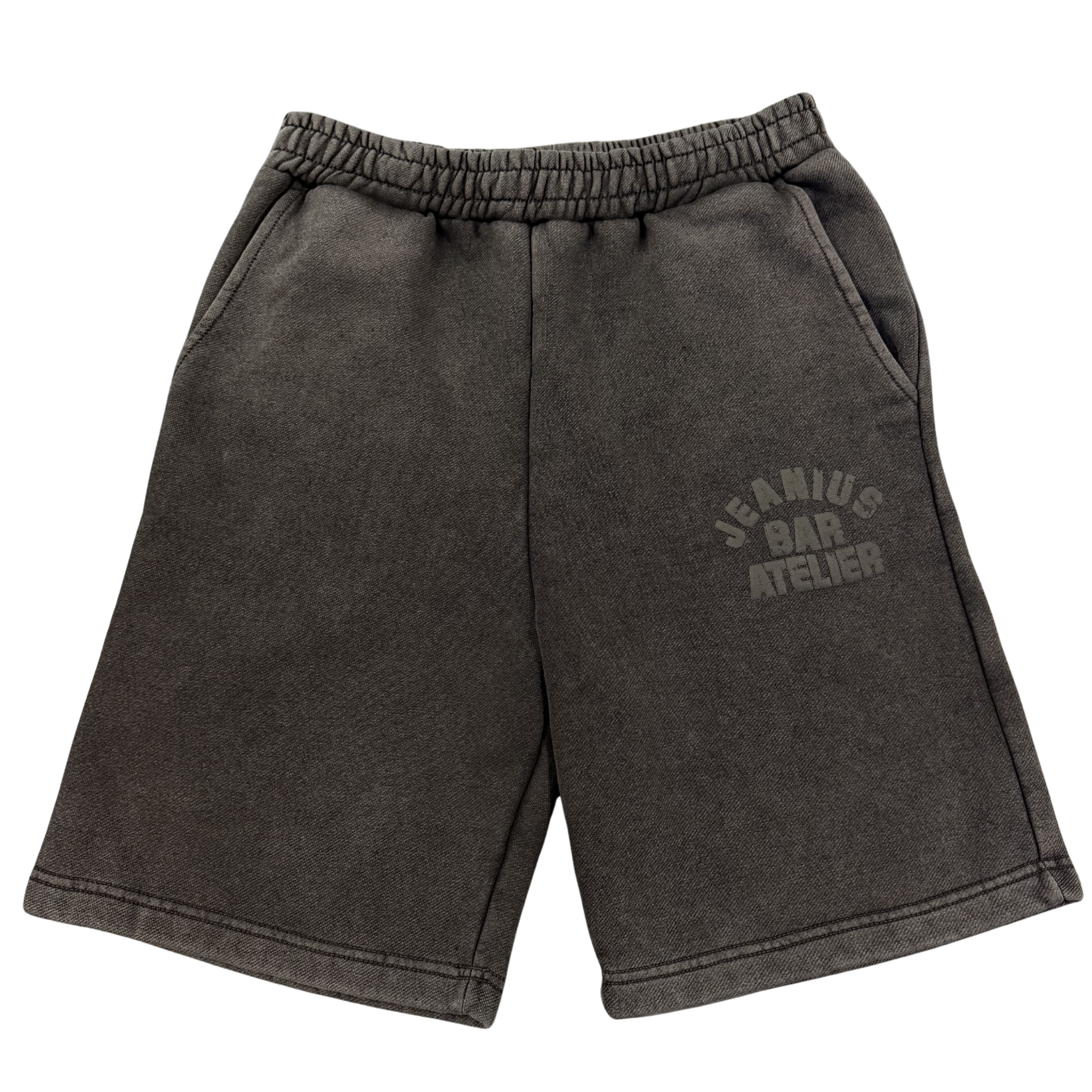 Jeanius Bar Atelier Varsity Sweat Shorts in charcoal with vintage wash made in London