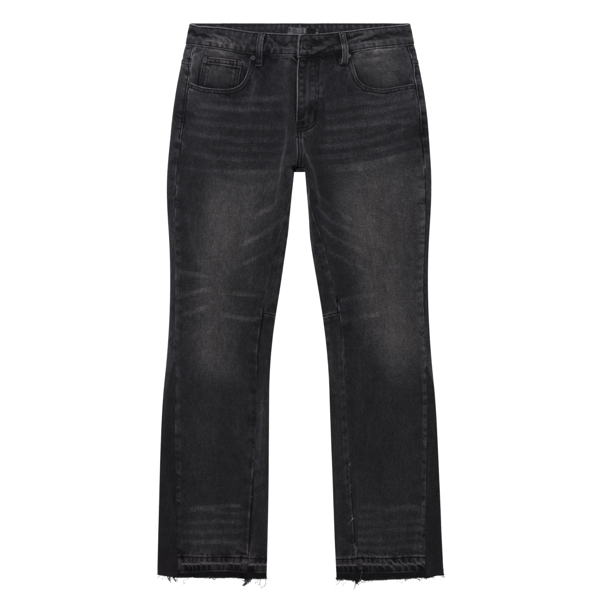 Siarr Flared Jeans in washed black denim with open hem and belt loops
