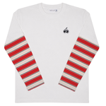 Front view of Cherry Location white layered tee shirt on plain background